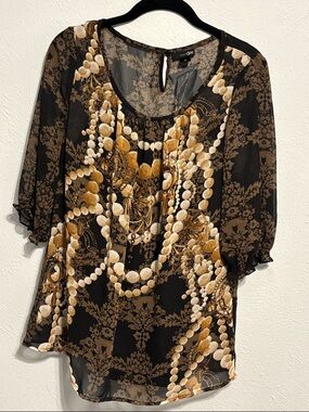 East 5th Black Blouse with Gold & Cream Beaded Print